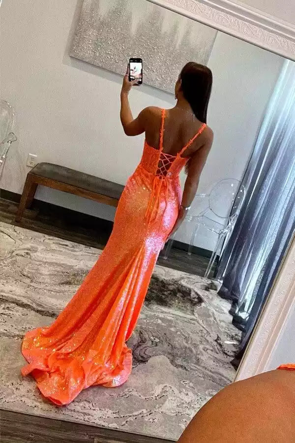 Glamorous Neon Orange Sequin Mermaid Gown with Crisscross Back & High Slit