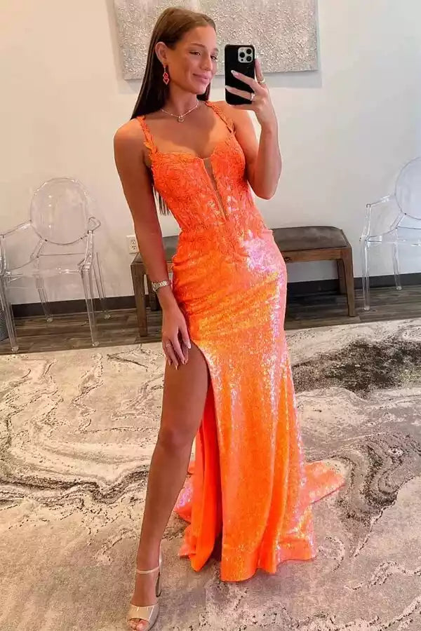 Glamorous Neon Orange Sequin Mermaid Gown with Crisscross Back & High Slit