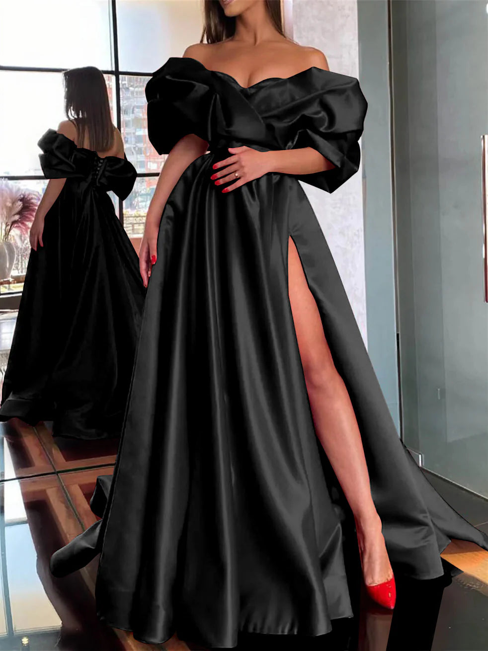 Glamorous Off-the-Shoulder Oversized Bow Ball Gown Evening Dress with Satin Skirt