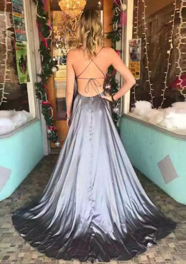 Glamorous Ombré Gunmetal Satin Gown with Crisscross Lace-Up Back