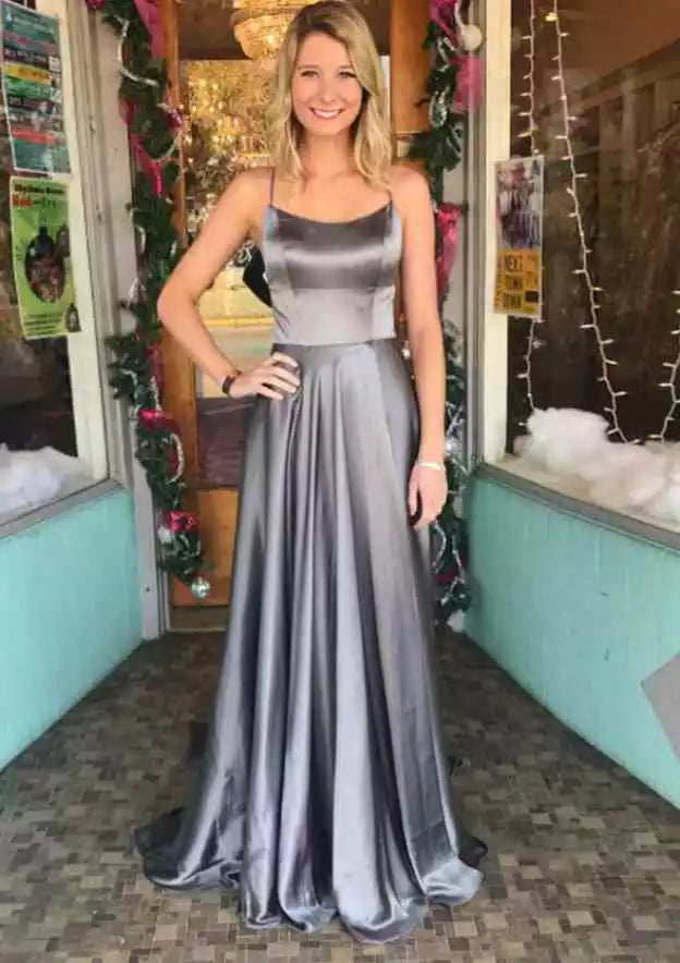 Glamorous Ombré Gunmetal Satin Gown with Crisscross Lace-Up Back