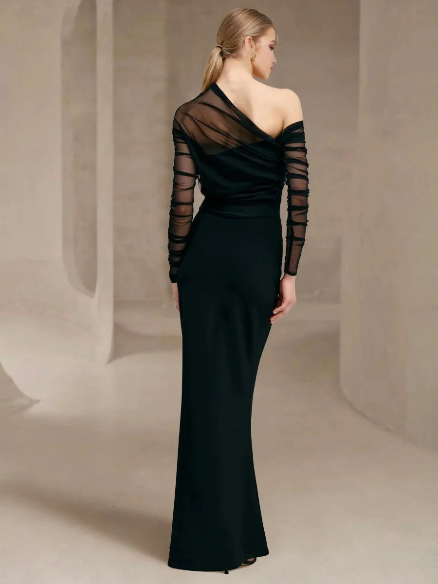 Glamorous One-Shoulder Sheer Mesh Sleeve Ruched Bodice Mermaid Floor-Length Formal Evening Dresses