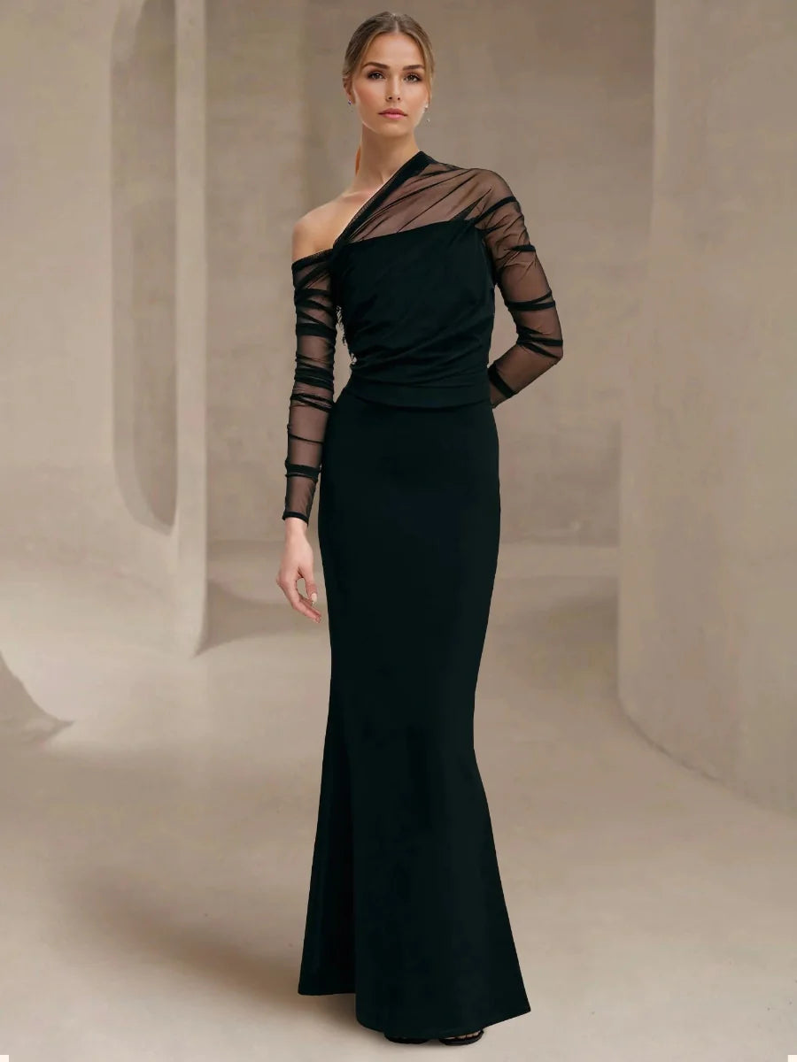 Glamorous One-Shoulder Sheer Mesh Sleeve Ruched Bodice Mermaid Floor-Length Formal Evening Dresses