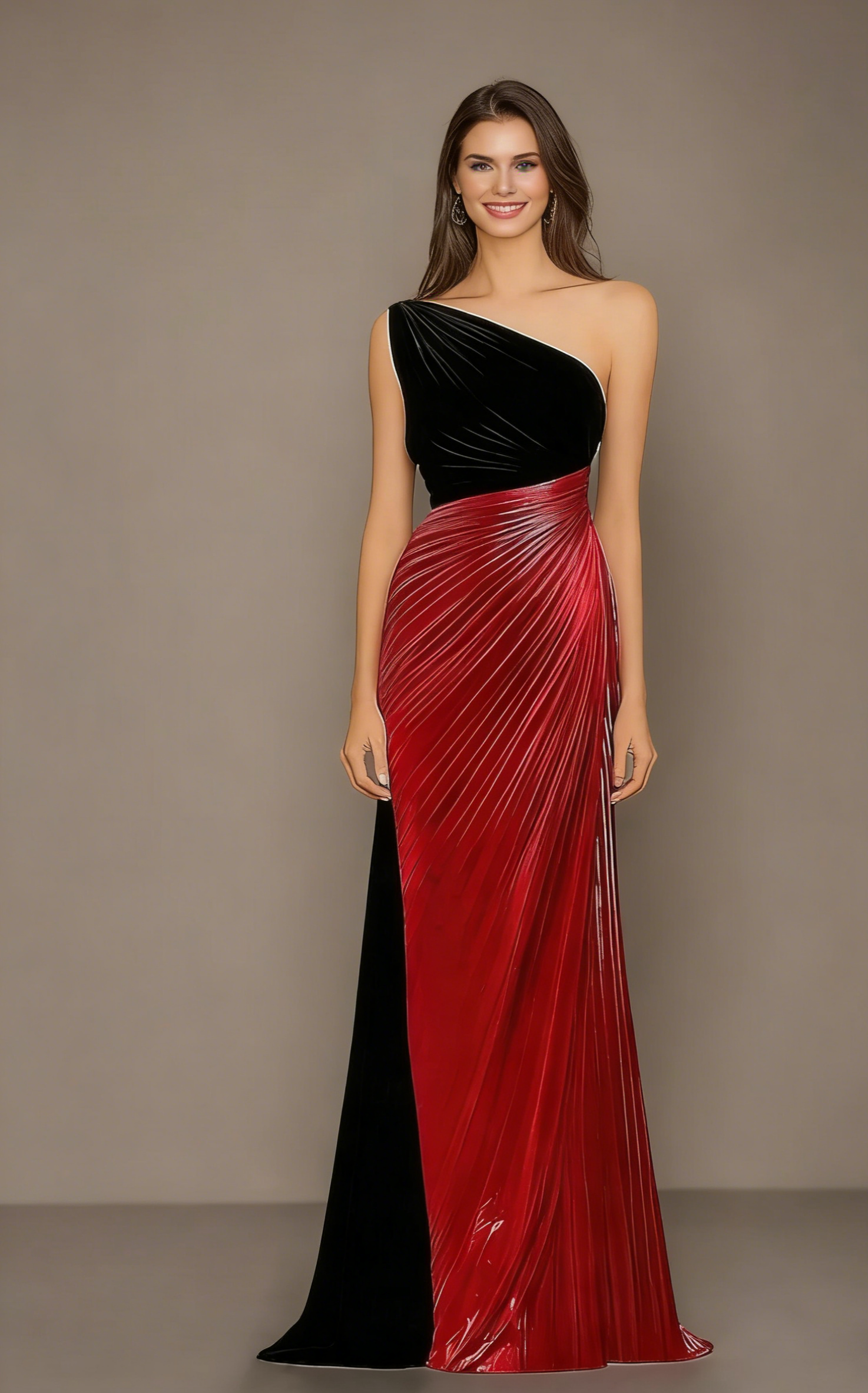 Glamorous One-Shoulder Velvet & Metallic Pleated Mermaid Evening Dress with Contrast Train