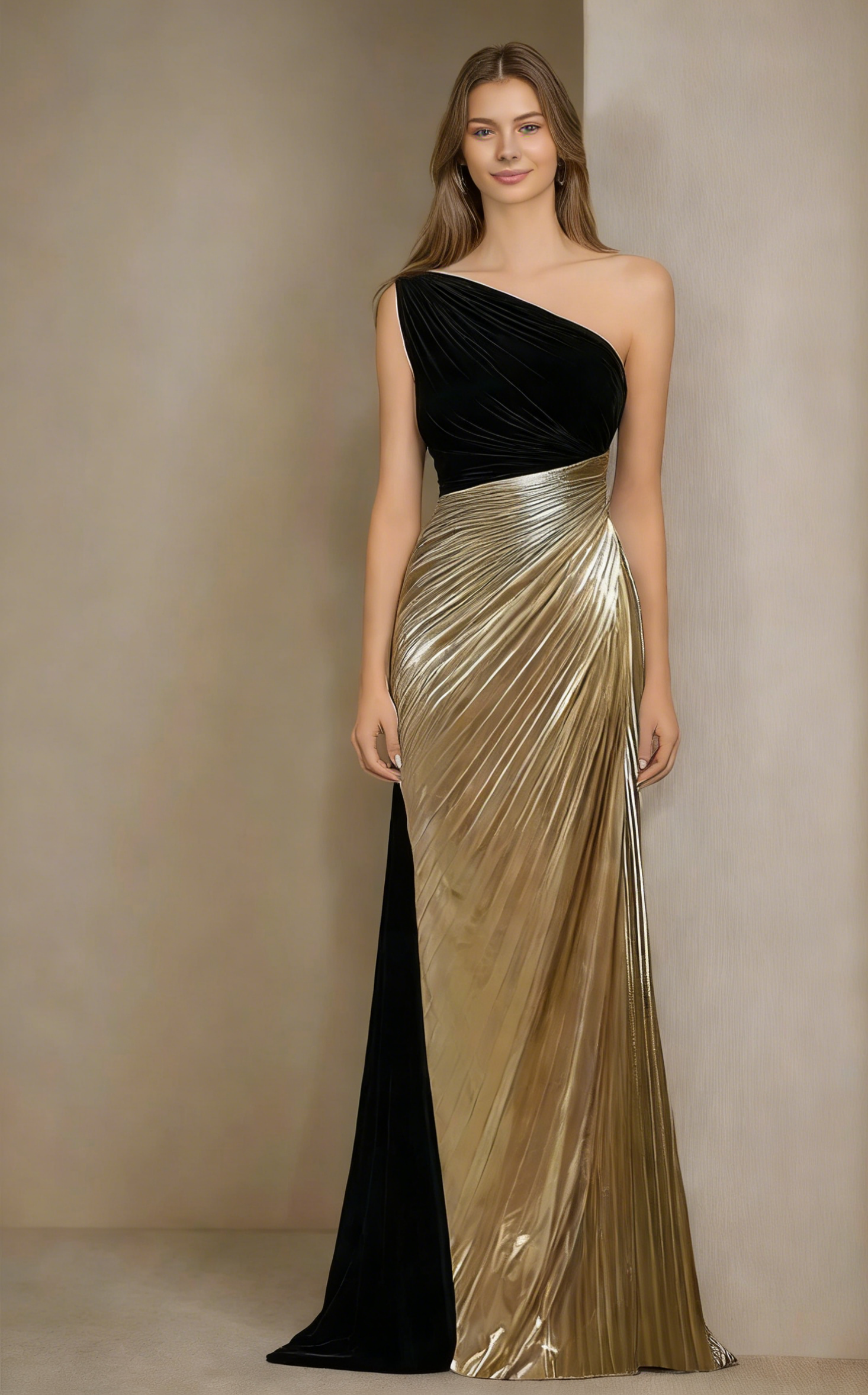 Glamorous One-Shoulder Velvet & Metallic Pleated Mermaid Evening Dress with Contrast Train
