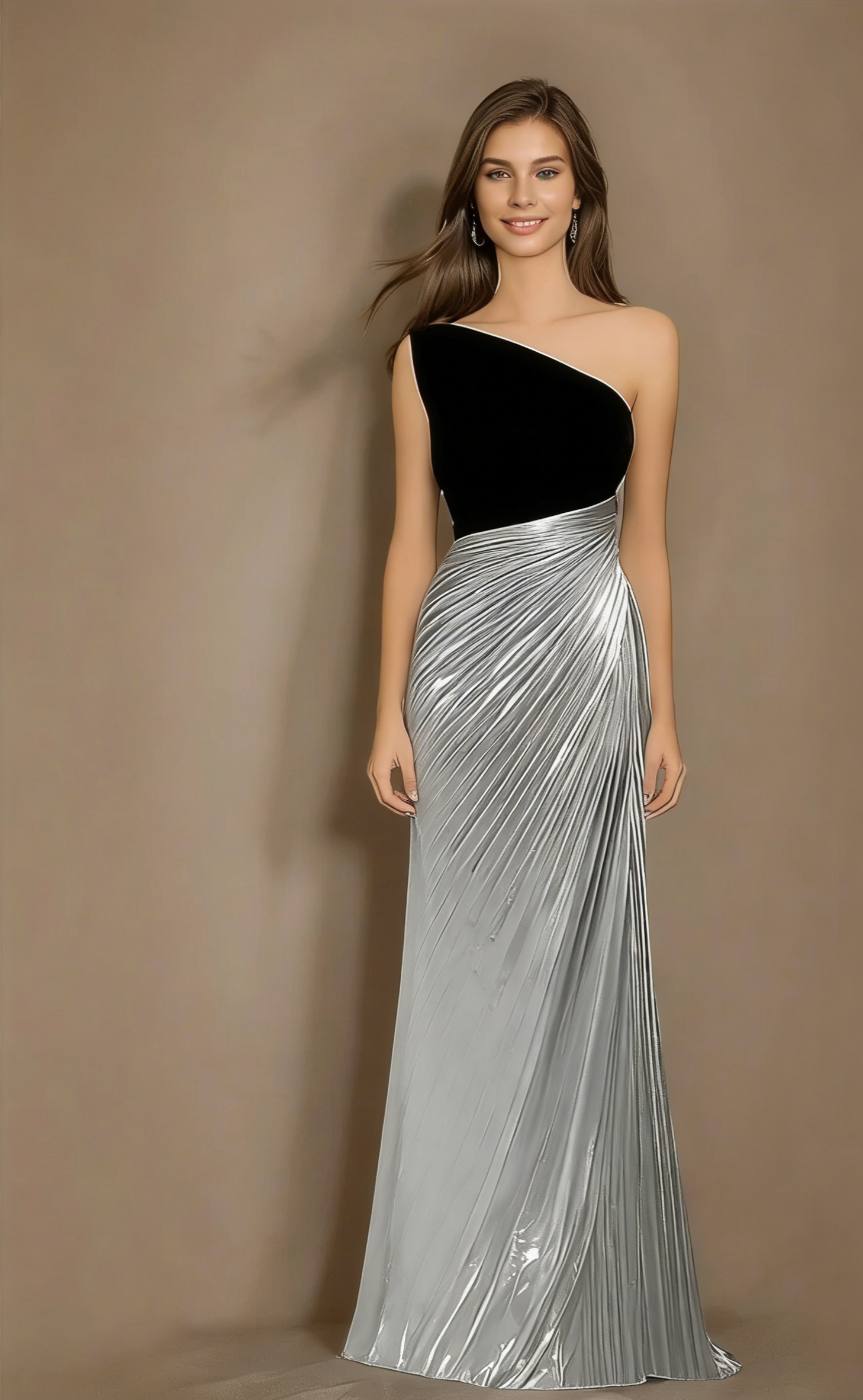 Glamorous One-Shoulder Velvet & Metallic Pleated Mermaid Evening Dress with Contrast Train