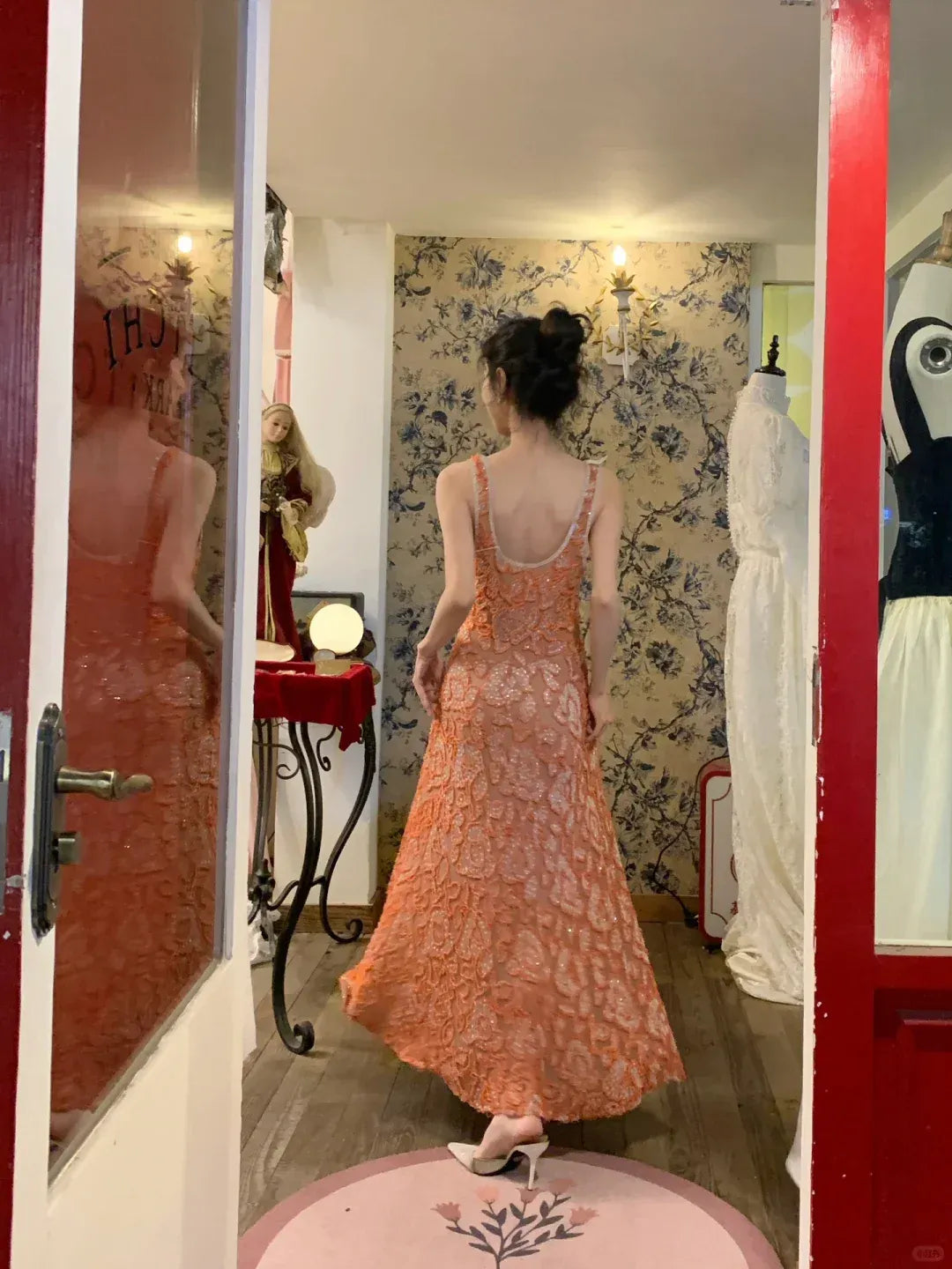 Glamorous Orange Sequin Floral Embroidery Spaghetti Strap Gown