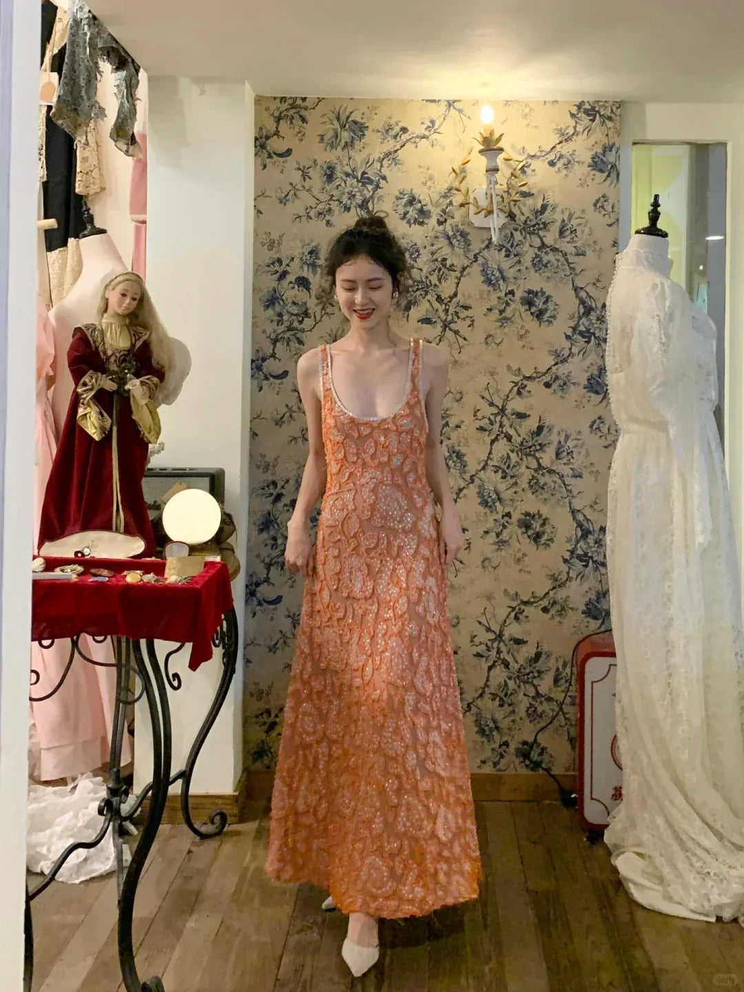 Glamorous Orange Sequin Floral Embroidery Spaghetti Strap Gown