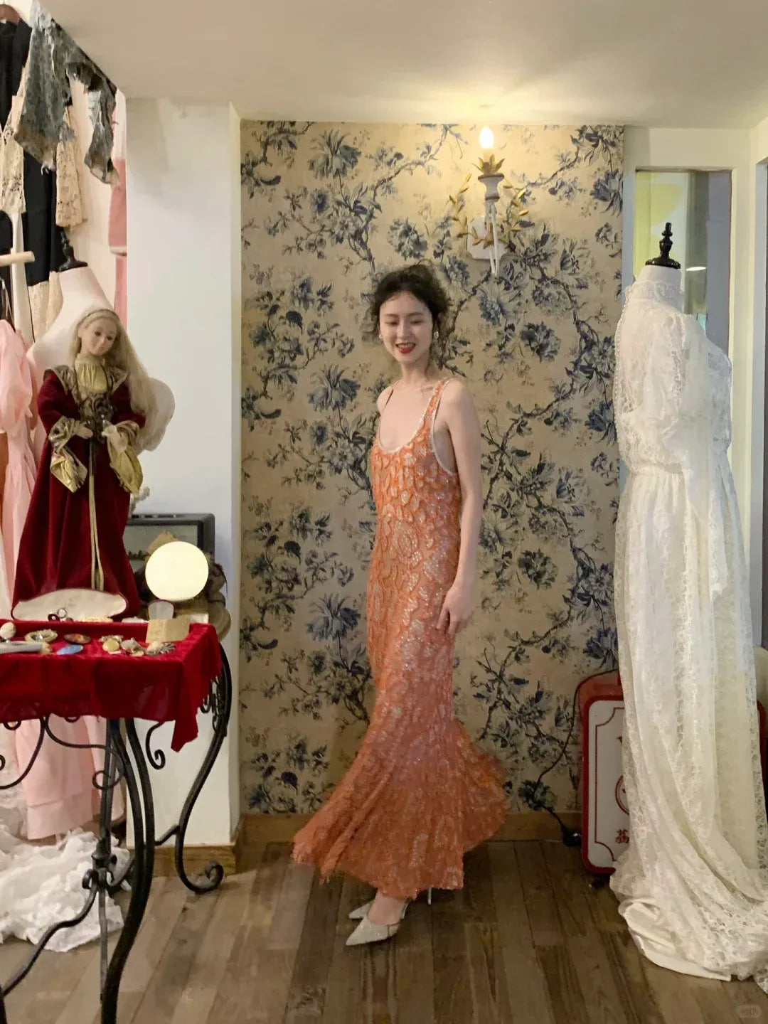 Glamorous Orange Sequin Floral Embroidery Spaghetti Strap Gown