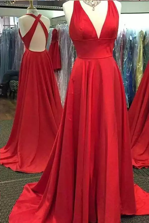Glamorous Red Satin Gown with Halter Neck & Crisscross Open Back
