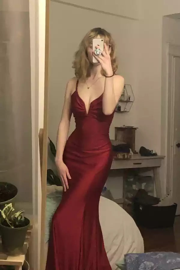 Glamorous Red Satin Mermaid Gown with Plunging V-Neck & Cross-Back Lace-Up
