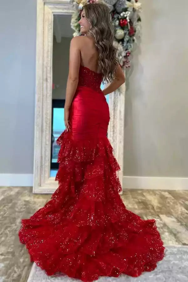 Glamorous Red Sequin Mermaid Gown with Strapless Bodice & Ruffled Train