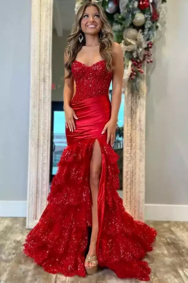 Glamorous Red Sequin Mermaid Gown with Strapless Bodice & Ruffled Train