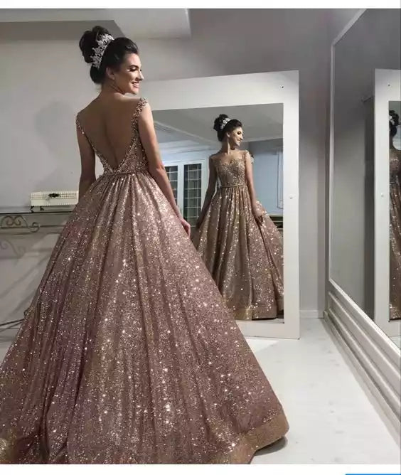 Glamorous Rose Gold Glitter Ballgown with Deep V-Back & Beaded Bodice