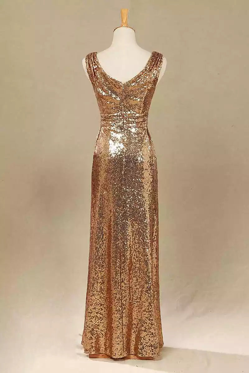 Glamorous Rose Gold Sequin Gown with Cross-Drape V-Neck & Fitted Silhouette