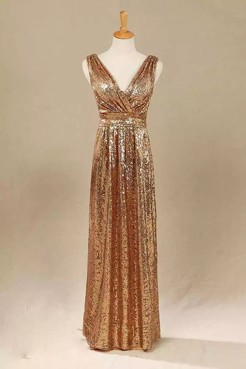 Glamorous Rose Gold Sequin Gown with Cross-Drape V-Neck & Fitted Silhouette