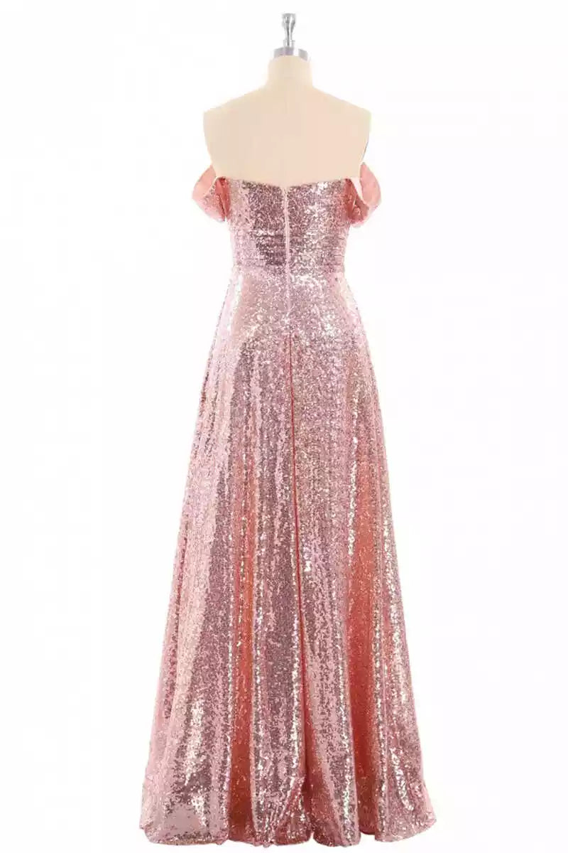 Glamorous Rose Gold Sequin Gown with Off-the-Shoulder Neckline