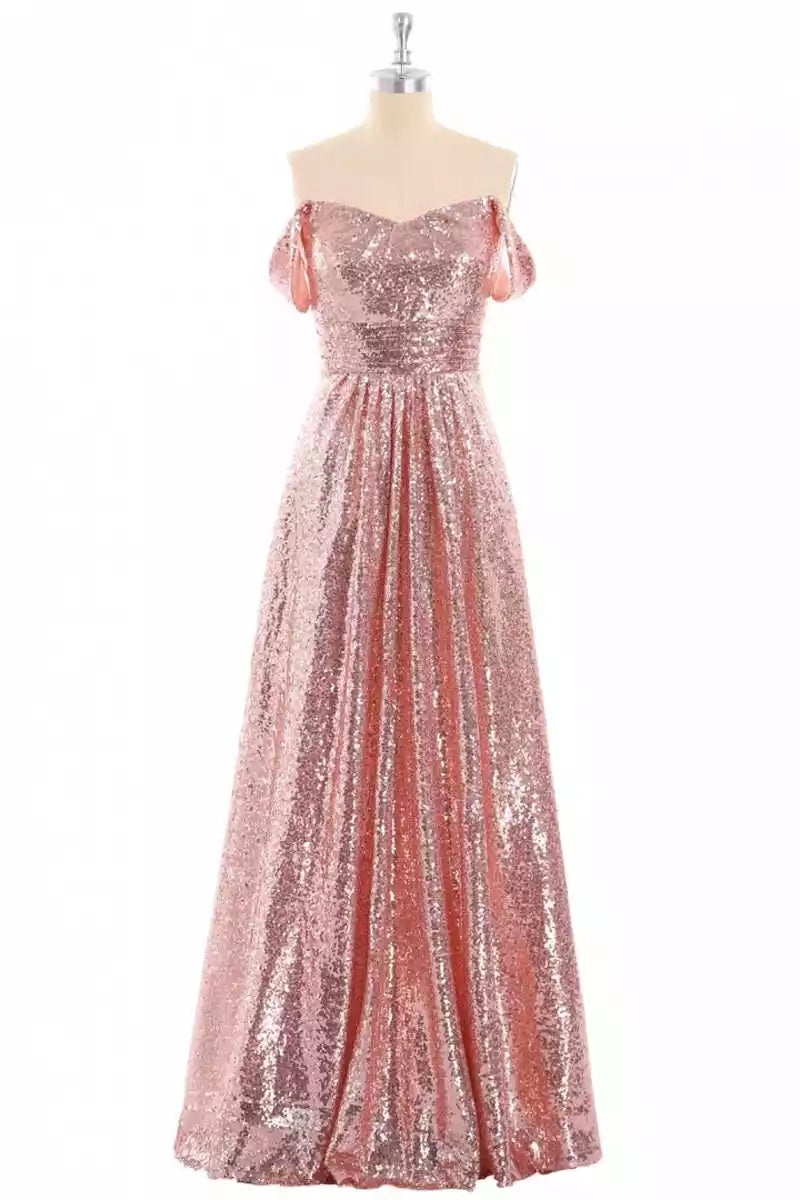 Glamorous Rose Gold Sequin Gown with Off-the-Shoulder Neckline