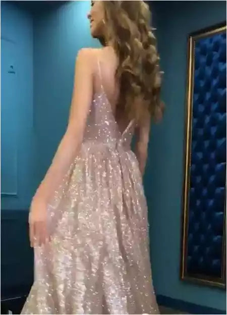Glamorous Rose Gold Sequin Gown with Spaghetti Straps & Deep V-Neck
