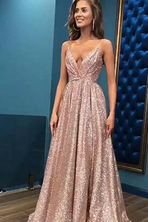 Glamorous Rose Gold Sequin Gown with Spaghetti Straps & Deep V-Neck