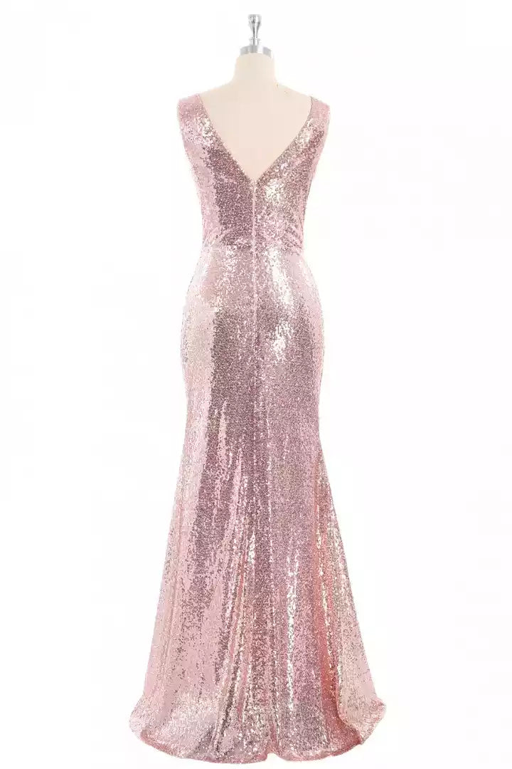 Glamorous Rose Gold Sequin Mermaid Gown with V-Neck & Wrap Bodice