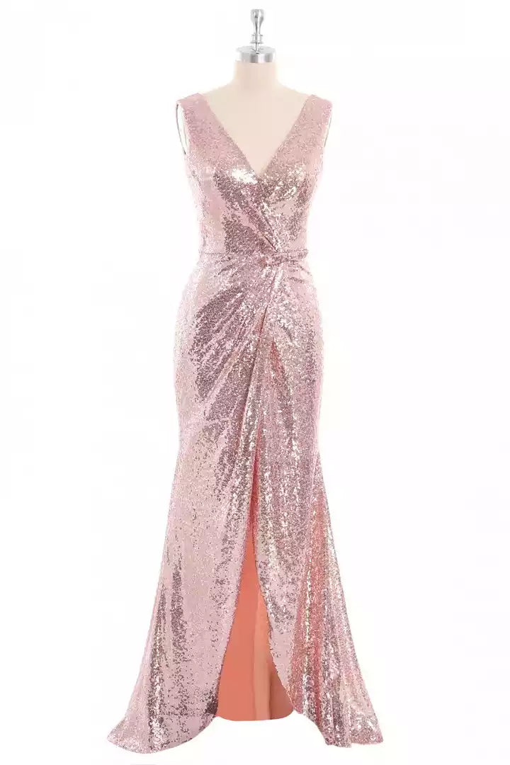Glamorous Rose Gold Sequin Mermaid Gown with V-Neck & Wrap Bodice