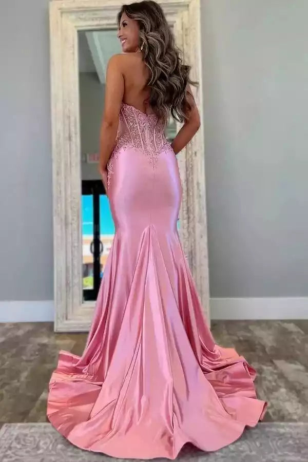 Glamorous Rose Pink Satin Mermaid Gown with Halter Neck & Lace Embellishments