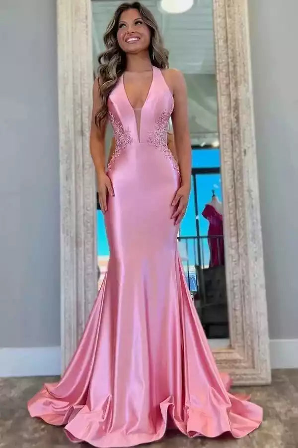 Glamorous Rose Pink Satin Mermaid Gown with Halter Neck & Lace Embellishments