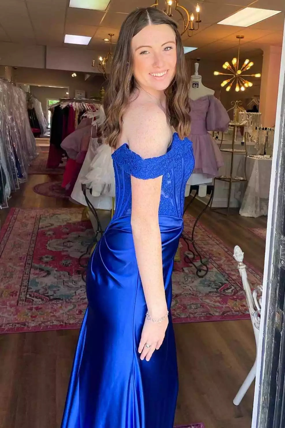 Glamorous Royal Blue Mermaid Gown with Lace Off-the-Shoulder Bodice & Satin Skirt