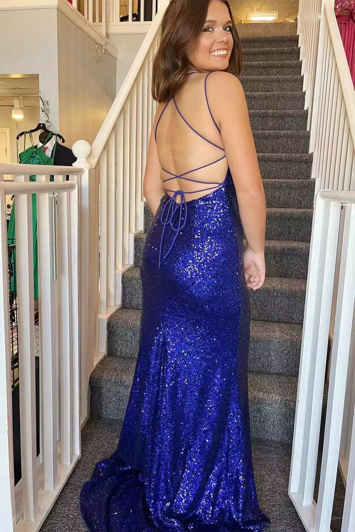 Glamorous Royal Blue Sequin Mermaid Gown with Crisscross Back & Spaghetti Straps