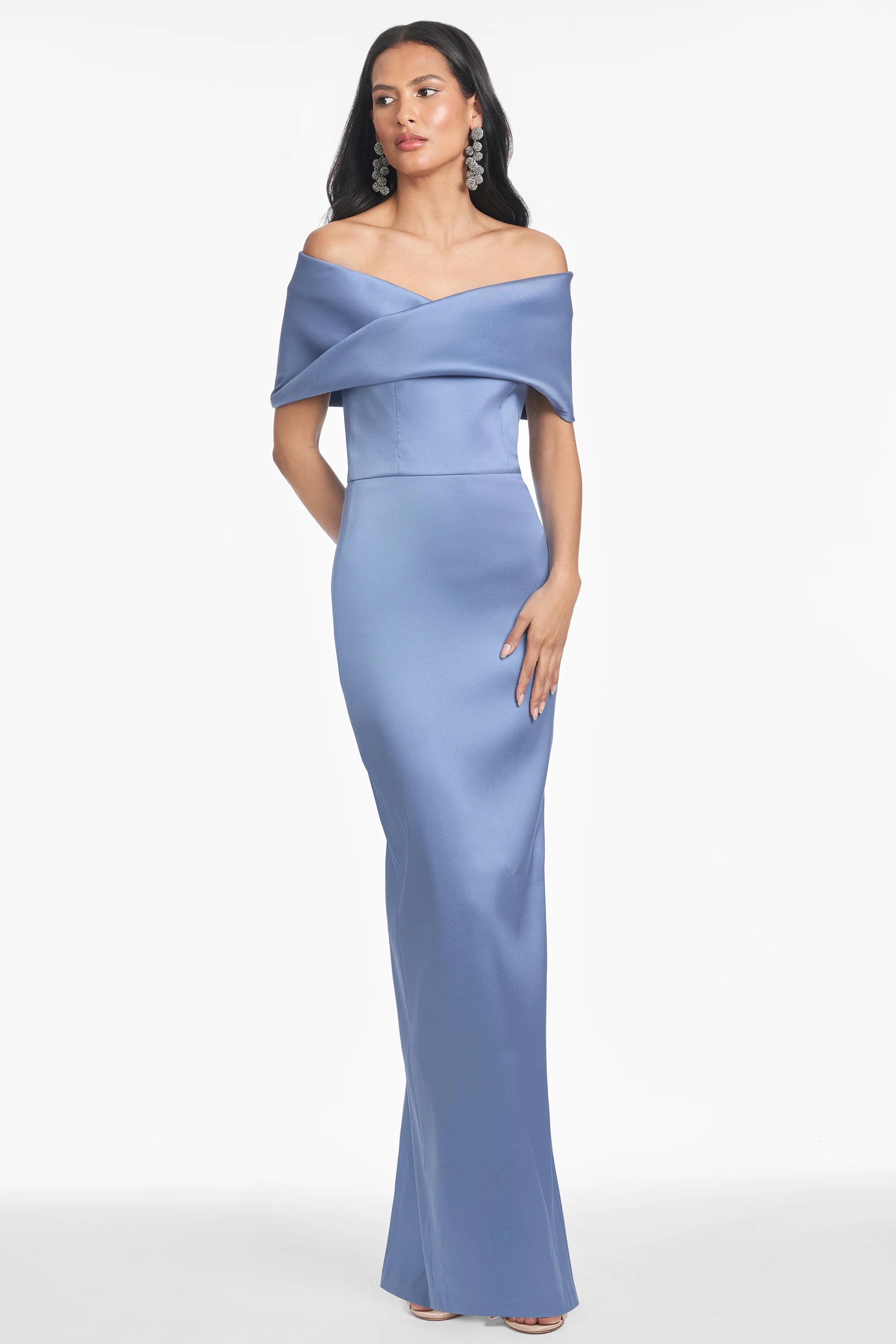 Glamorous Satin Mother of the Bride Dresses with Off-the-Shoulder Neckline, Draped Overlay and Mermaid Silhouette Formal Gown
