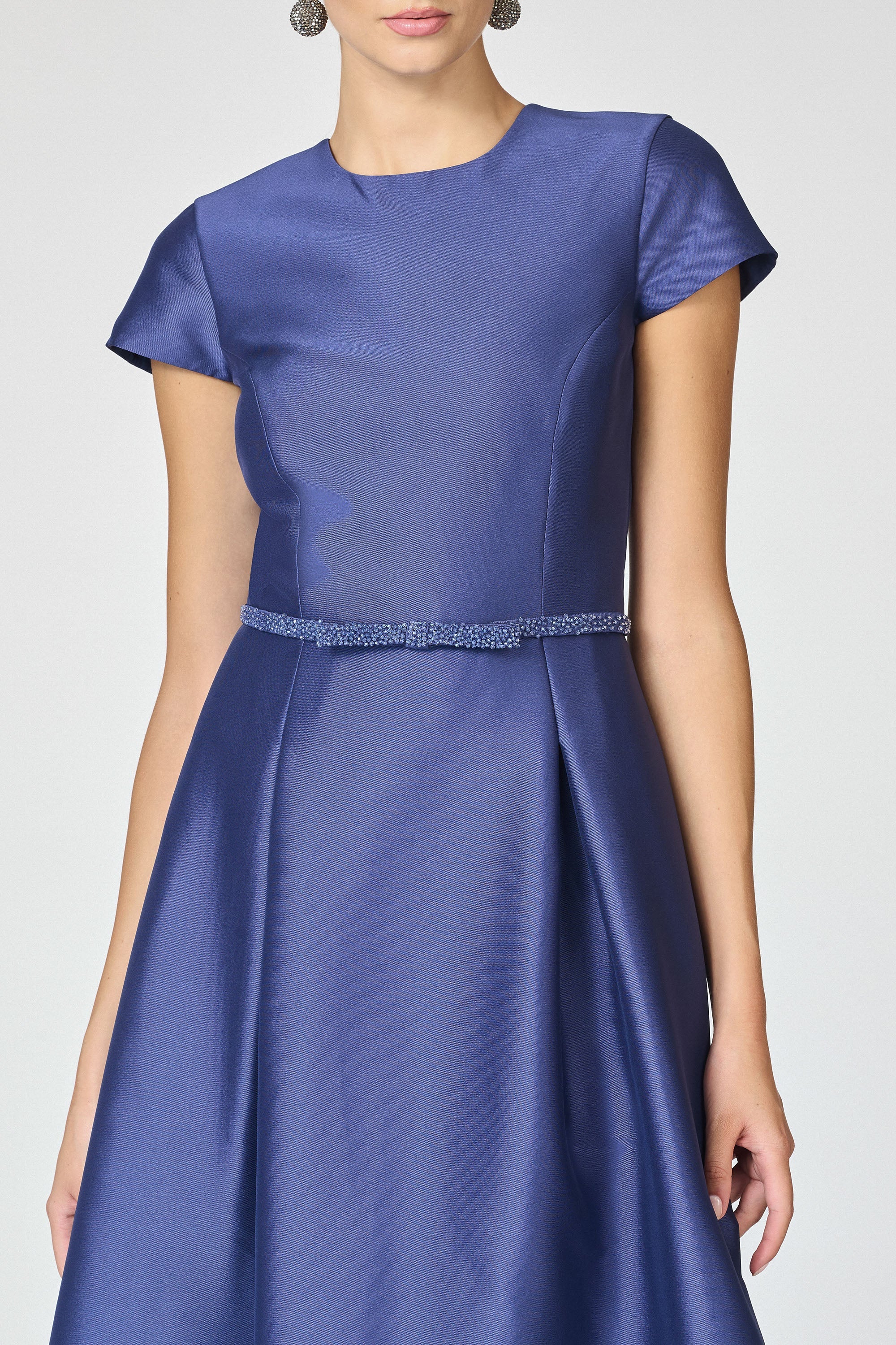 Glamorous Satin Mother of the Bride Dresses with Short Sleeves, Beaded Waist Belt and Full A-Line Skirt Formal Gown