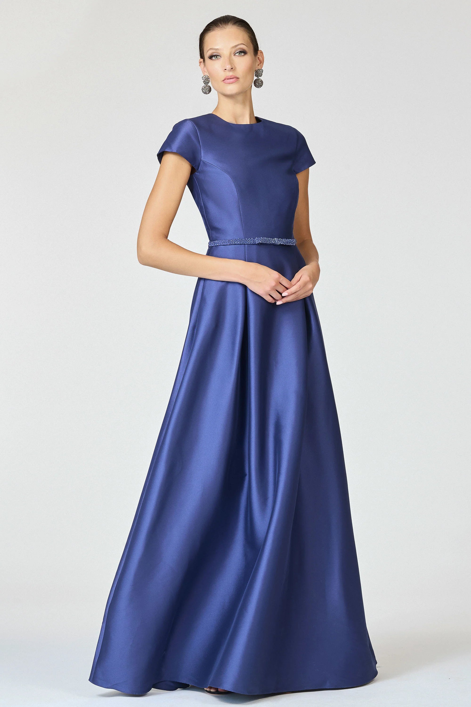 Glamorous Satin Mother of the Bride Dresses with Short Sleeves, Beaded Waist Belt and Full A-Line Skirt Formal Gown