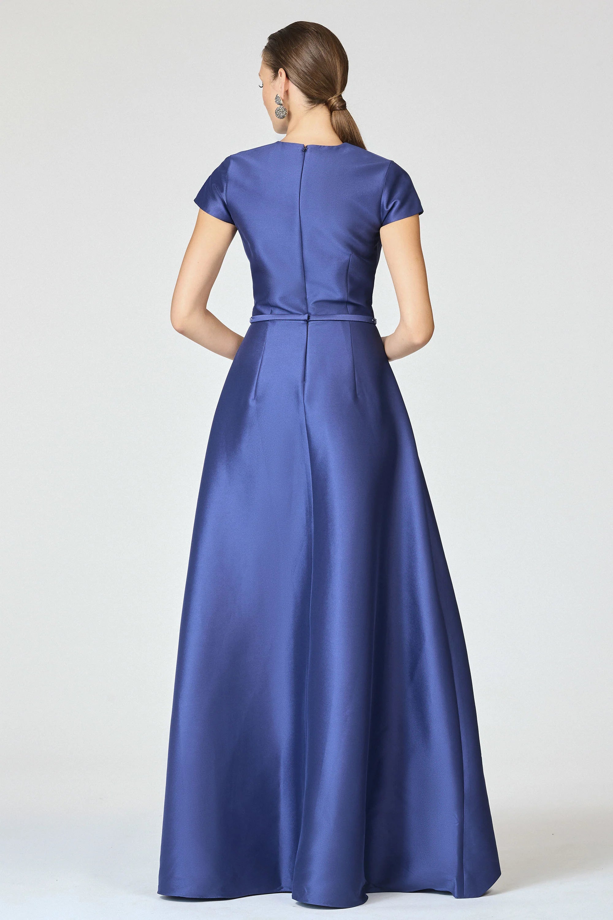 Glamorous Satin Mother of the Bride Dresses with Short Sleeves, Beaded Waist Belt and Full A-Line Skirt Formal Gown