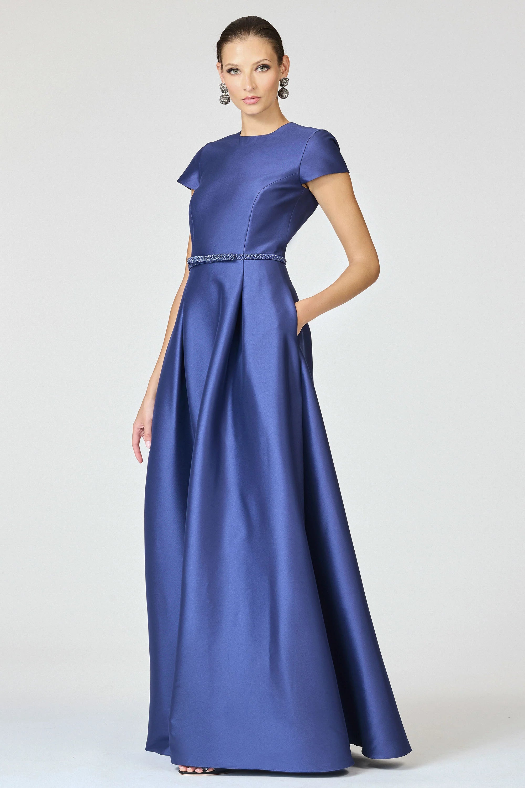 Glamorous Satin Mother of the Bride Dresses with Short Sleeves, Beaded Waist Belt and Full A-Line Skirt Formal Gown