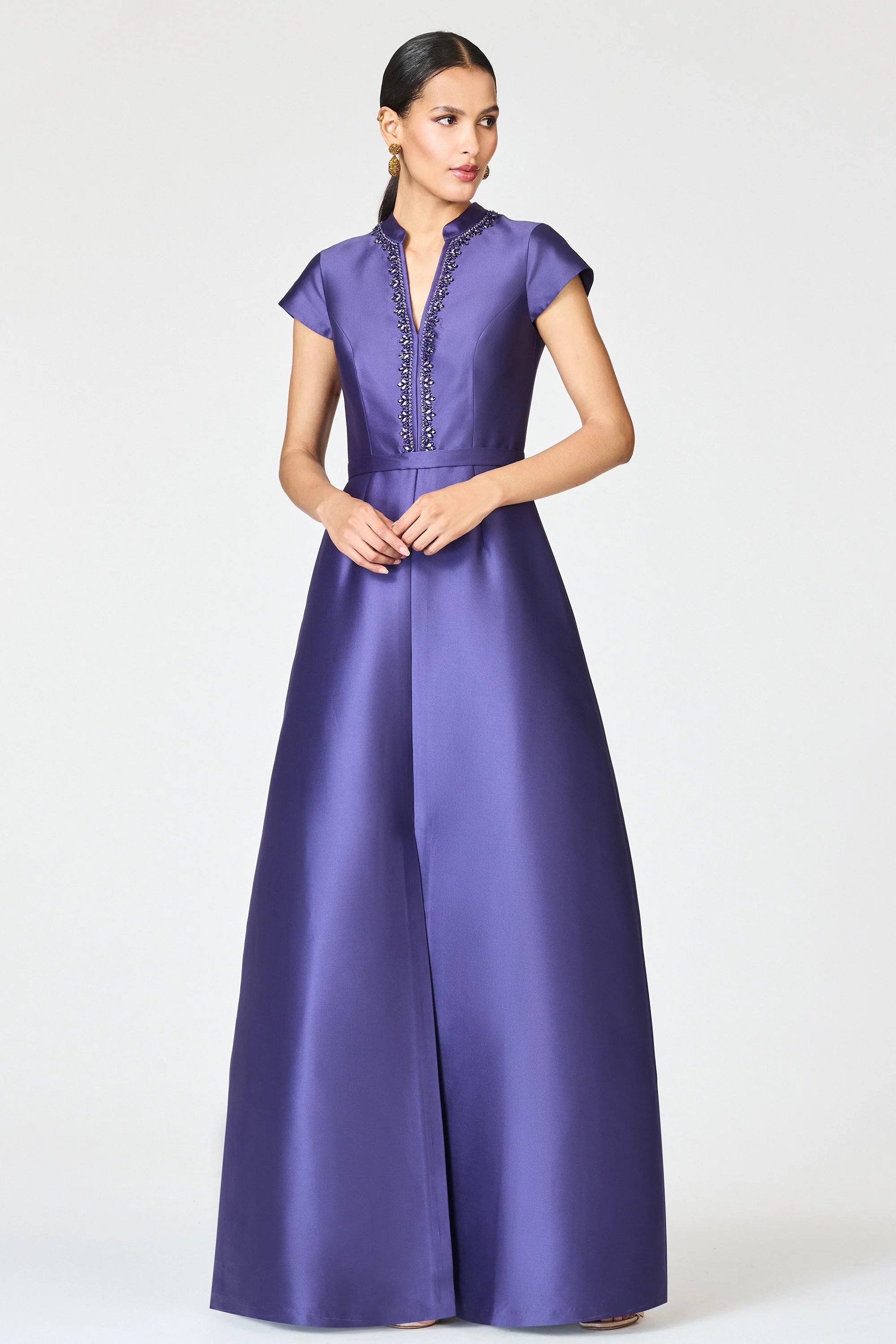 Glamorous Satin Mother of the Bride Dresses with Stand Collar, Beaded V-Neckline and Wide-Leg Jumpsuit Formal Gown