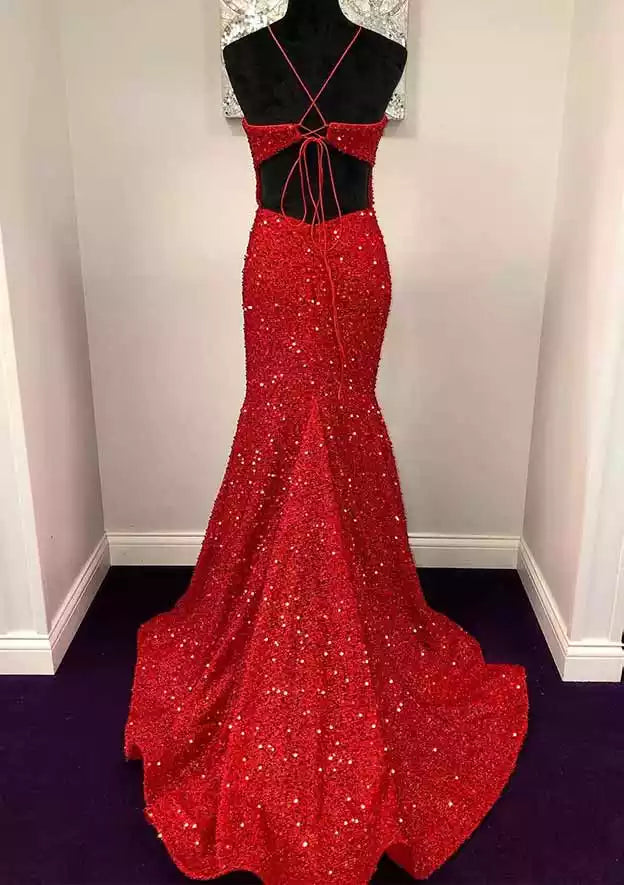 Glamorous Scarlet Sequin Mermaid Gown with Crisscross Lace-Up Back