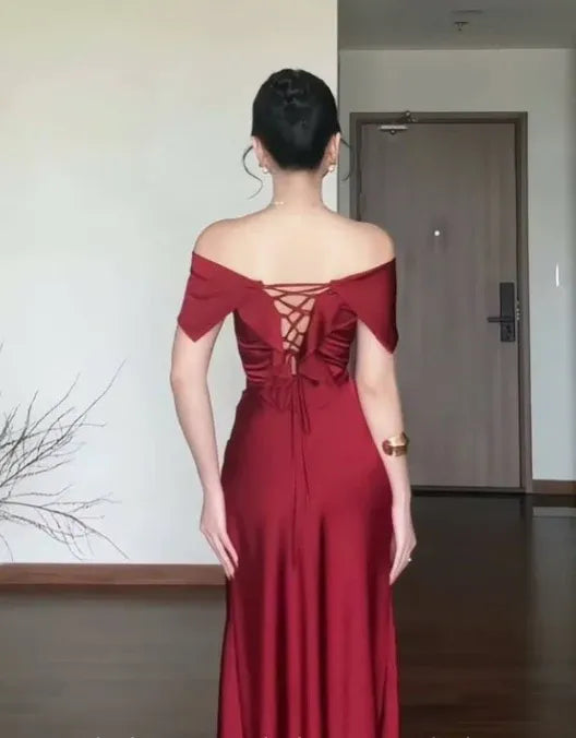 Glamorous Sheath Off-the-Shoulder Ruched Lace-Up-Back Floor-Length Prom Dresses