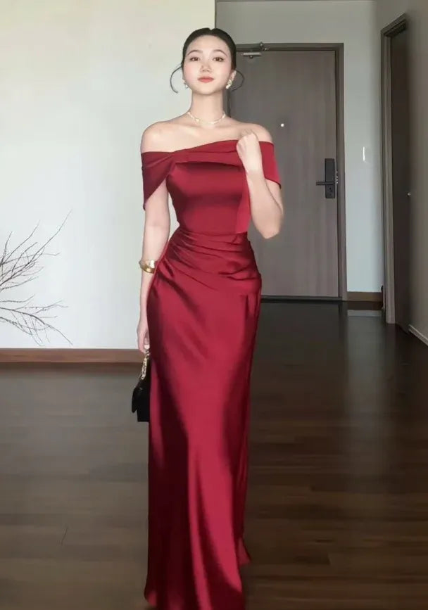 Glamorous Sheath Off-the-Shoulder Ruched Lace-Up-Back Floor-Length Prom Dresses