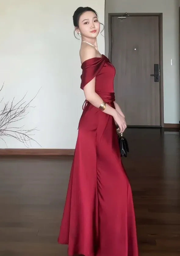 Glamorous Sheath Off-the-Shoulder Ruched Lace-Up-Back Floor-Length Prom Dresses