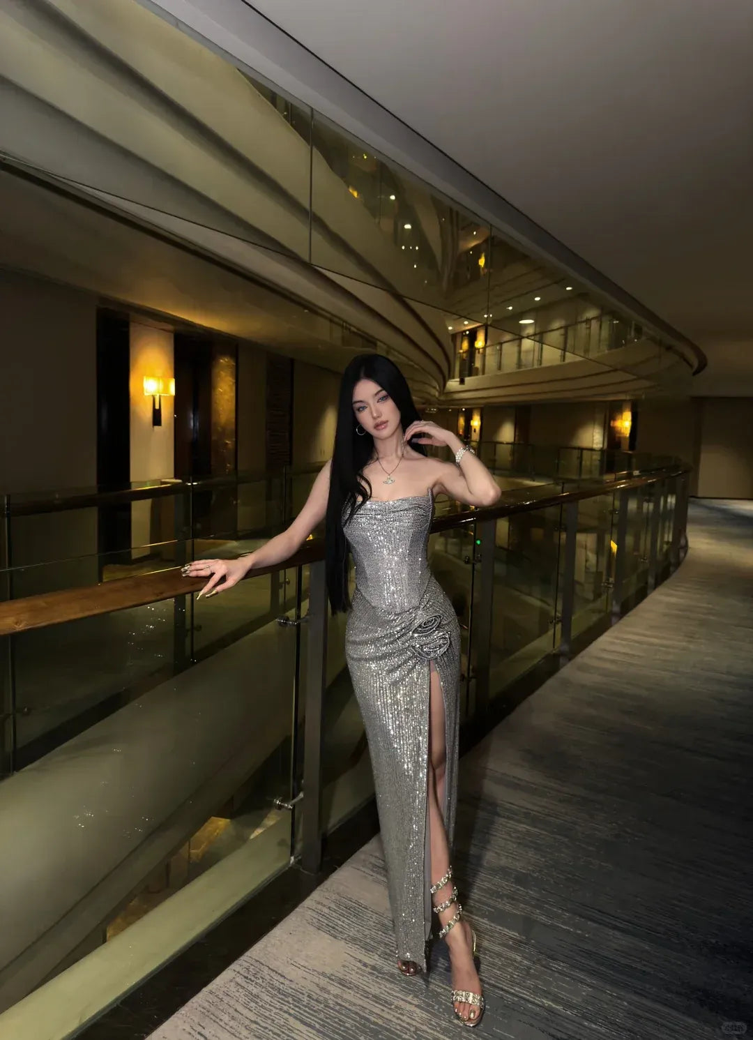 Glamorous Sheath Strapless Sequin Silver Gown with High Slit