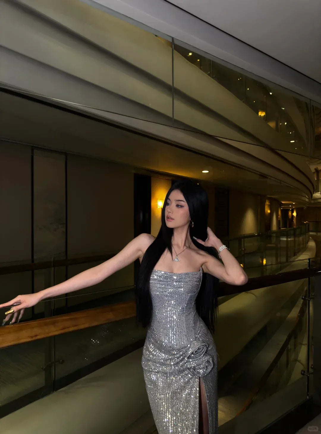 Glamorous Sheath Strapless Sequin Silver Gown with High Slit
