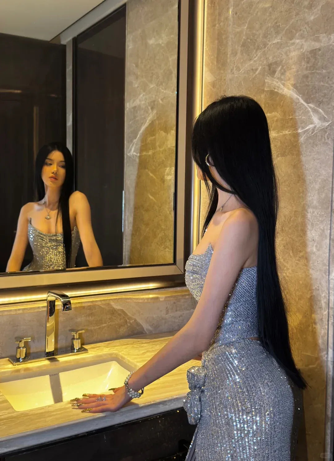 Glamorous Sheath Strapless Sequin Silver Gown with High Slit