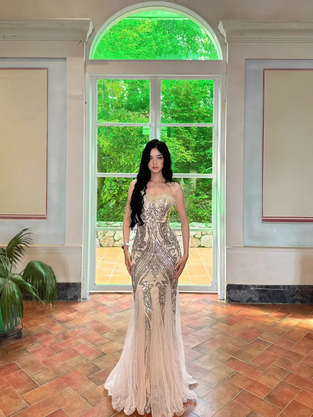 Glamorous Silver Sequin Embroidery Champagne Satin Feather Trim Gown