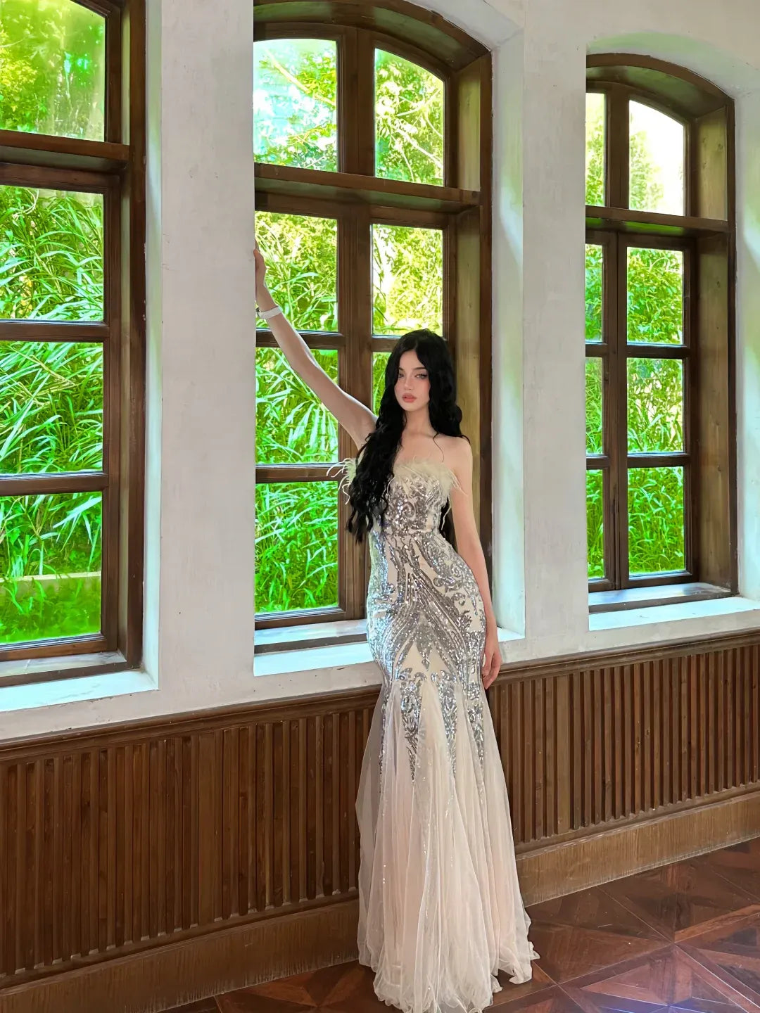 Glamorous Silver Sequin Embroidery Champagne Satin Feather Trim Gown