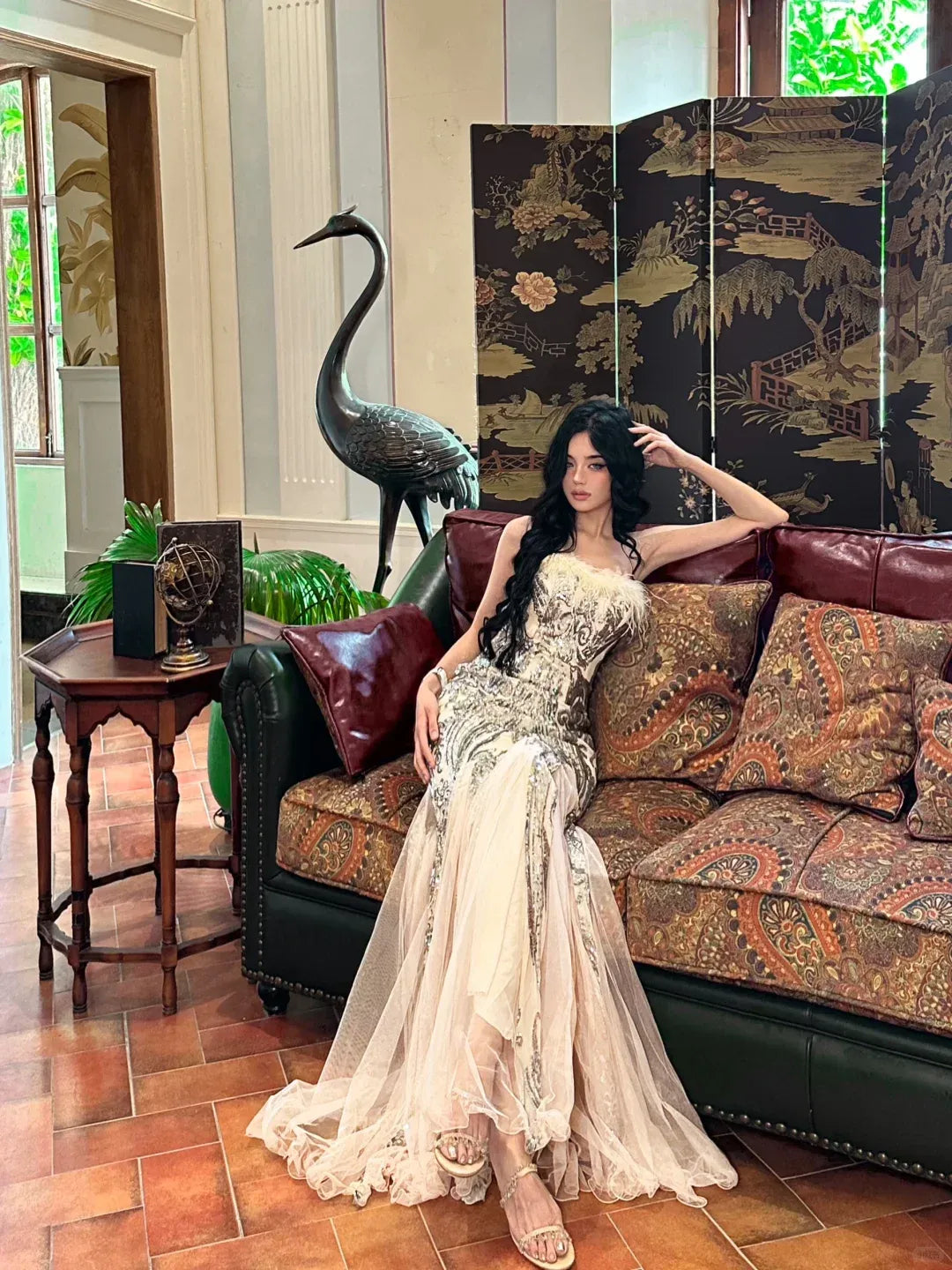 Glamorous Silver Sequin Embroidery Champagne Satin Feather Trim Gown