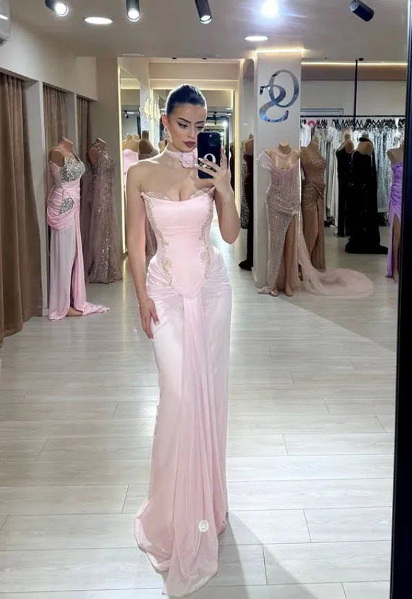 Glamorous Strapless Draped Waist Blush Satin Choker Gown