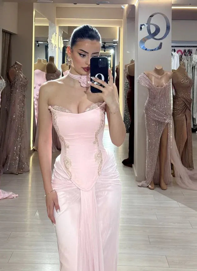 Glamorous Strapless Draped Waist Blush Satin Choker Gown