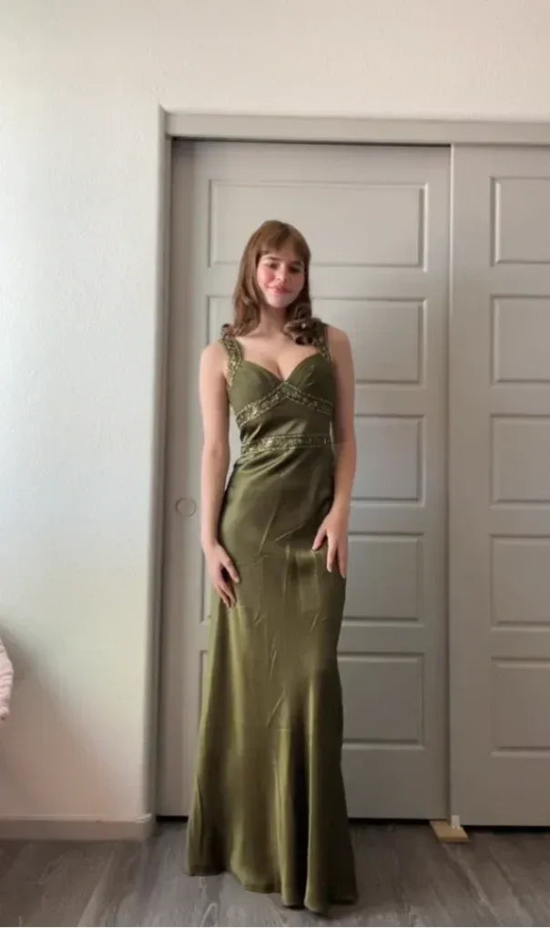 Glamorous Sweetheart Gold Beaded Olive Green Satin Mermaid Gown