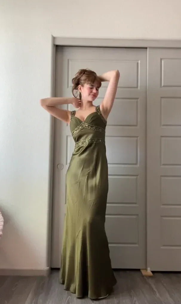Glamorous Sweetheart Gold Beaded Olive Green Satin Mermaid Gown